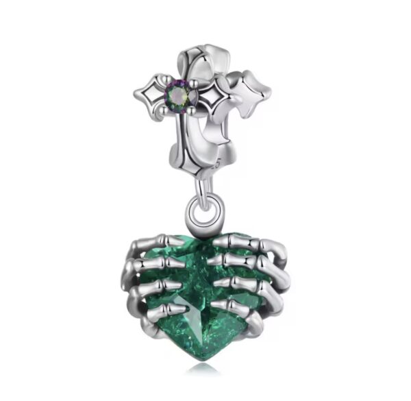 Berloque Heart Cross Green Prata